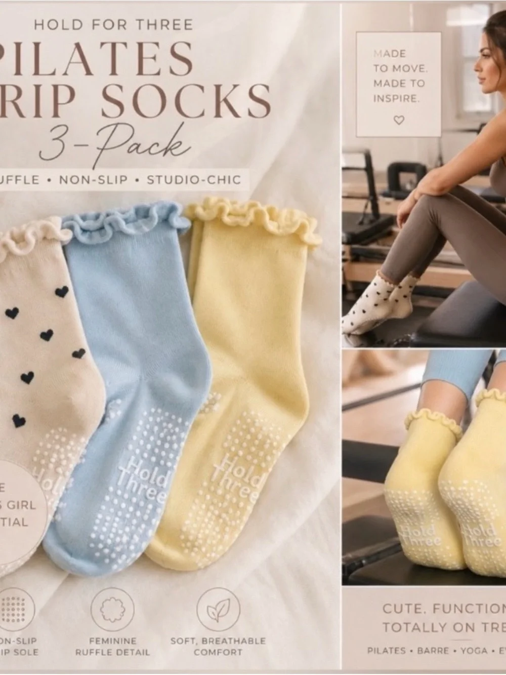 Hold for Three Women's Light Blue Ruffle Pilates Socks - Pack of 3